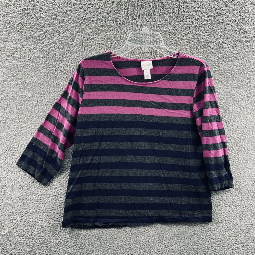 Weekends Chicos Women Top 2 Large Black‎ Purple Striped 3/4 Sleeve Shirt Stretch